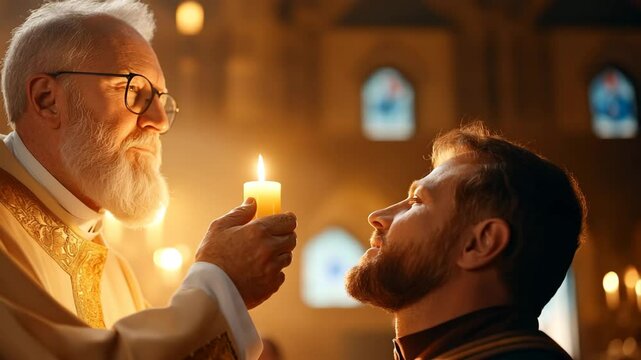 Priest holding candle in church ceremony, elderly man with white beard blessing young man in warm light, spiritual religious tradition, faith, devotion, peaceful atmosphere, stained glass window