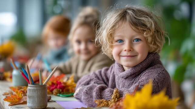 Creative kids crafting with nature classroom photography bright environment close-up view imagination unleashed