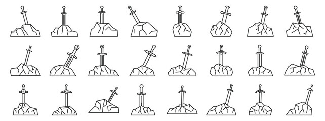 Sword stone icons set. Line art icons of swords stuck in rocks, symbolizing victory, challenge, or end of conflict
