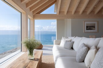 Fototapeta premium Open-Plan Living in Coastal Off-Grid Smart House with Sea View and Visible Energy Systems