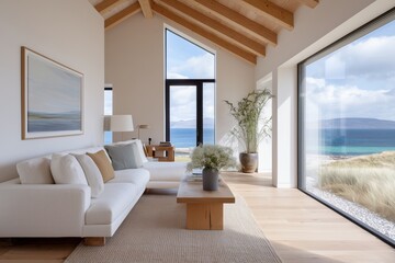 Fototapeta premium Open-Plan Living in Coastal Off-Grid Smart House with Sea View and Visible Energy Systems
