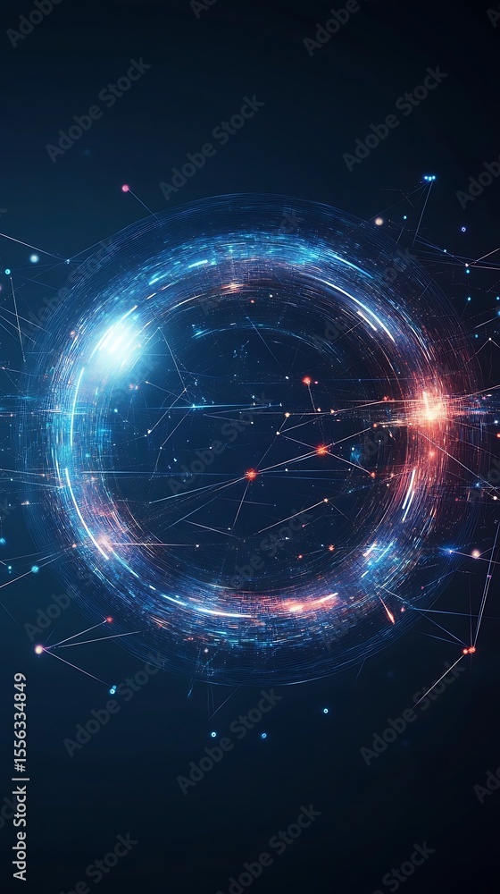 Aufkleber Ringed Network Circular Data Flow with Glowing Connections on Dark Background