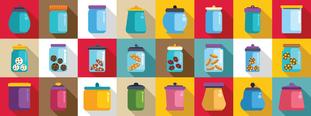 Cookie jar icons set. Various colorful cookie jars storing different types of cookies, showcasing diverse shapes, sizes, and designs for preserving freshness