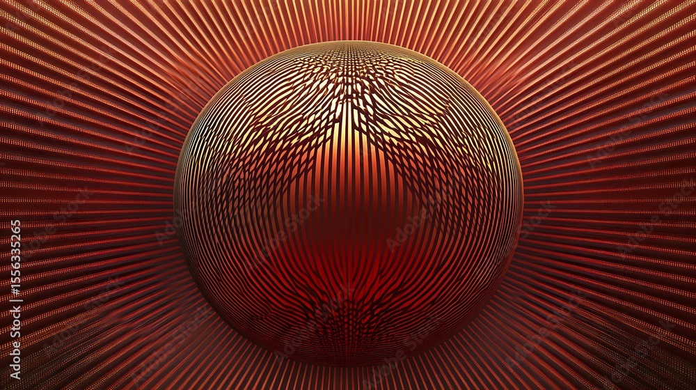 Poster sphere with red metallic radiating lines, optical illusion, abstract pattern, 3d