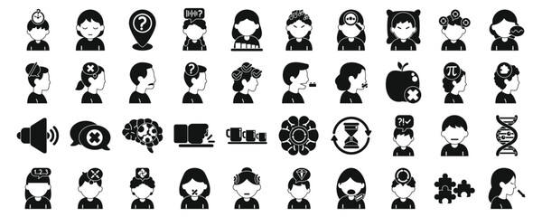 Autism symptoms icons set. Icons depicting people experiencing various mental states and emotions, such as anxiety, stress, confusion, and relaxation