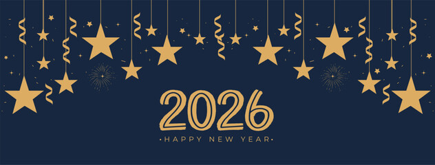 2026 Happy New Year gold text effect firework star confetti Background 