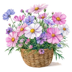 A Cosmos Flower Basket, watercolor drawing vector, isolated on a white background.