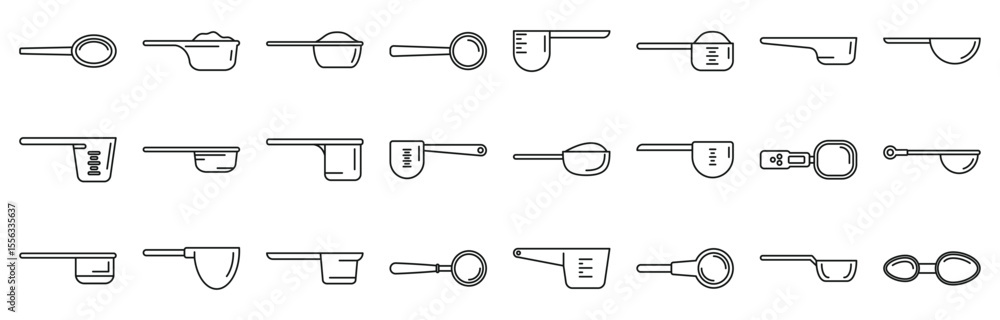 Poster measuring scoop icons set. various measuring spoons and cups icons represent precise ingredient meas