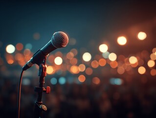 Microphone on a stand in front of blurred audience lights