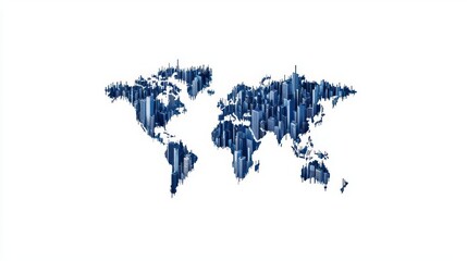 Obraz premium A creative blue world map design made of abstract skyscrapers representing global cityscapes and architecture.