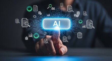 Fototapeta premium Person Interacting with AI Technology Interface and Data Analysis Concept