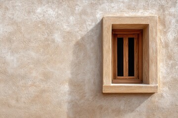 Rustic wooden window on aged stucco wall with natural textures and shadows.