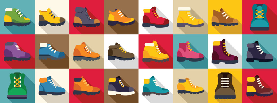 Hiking boots icons set. Colorful hiking boot icons represent various styles of footwear for outdoor adventures, suitable for trekking and exploring nature