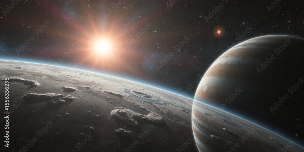 Poster a view of two planets with a bright star in the background in a space scene depiction