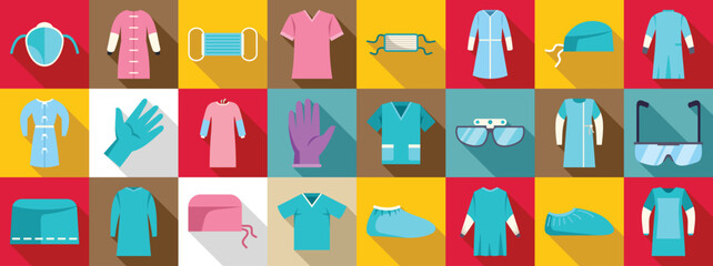 Surgical gown icons set. Essential medical protective clothing and equipment including gowns, masks, gloves, and eyewear, safeguarding healthcare professionals
