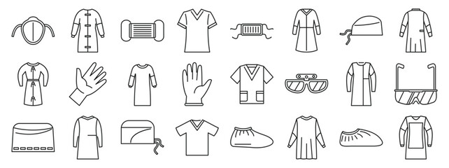 Surgical gown icons set. Line icons representing various ppe items used by doctors, nurses, and other healthcare workers, ensuring safety and hygiene in medical settings