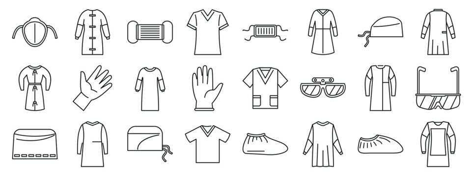 Surgical gown icons set. Line icons representing various ppe items used by doctors, nurses, and other healthcare workers, ensuring safety and hygiene in medical settings