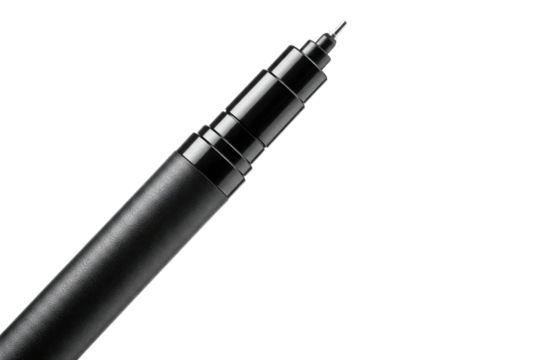 The fine point metal tip of a black graphic art liner pen isolated on a transparent background