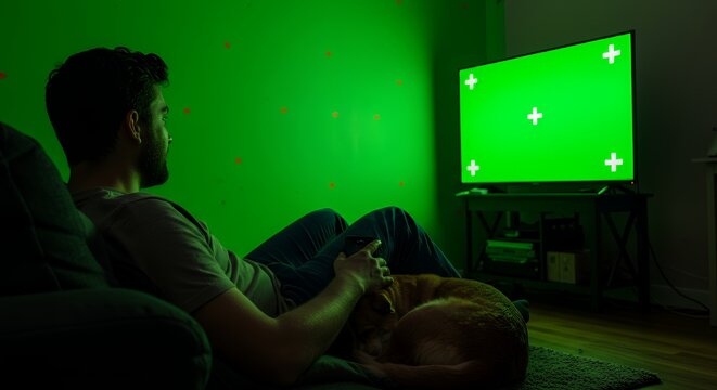 Man Relaxes on Couch with Dog, Watching Green Screen TV at Night