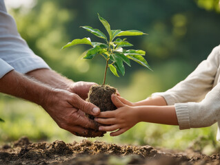 Adult hand child hand green plant soil outdoor nature growth teamwork nurturing hope environmental care togetherness support sustainability spring