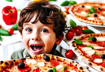 Cheerful boy close-up surrounded by delicious pizzas, pizzeria, sale, promotion