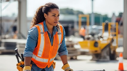 A confident African American black young female construction worker in a safety vest on a construction site