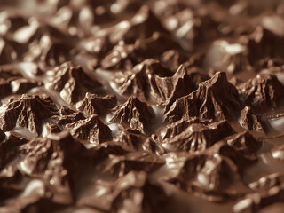 Chocolate Peaks: A close-up view of a textured surface resembling rugged mountain peaks, crafted from rich, dark chocolate, emerging from a creamy liquid.