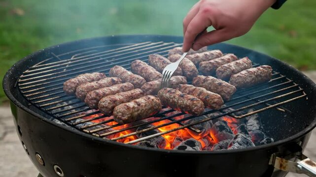 Delicious Grilled Ćevapi on Charcoal Grill - Close-up view of numerous ćevapi grilling on a charcoal barbecue. A hand gently tends to the skewers, creating smoky ambiance.