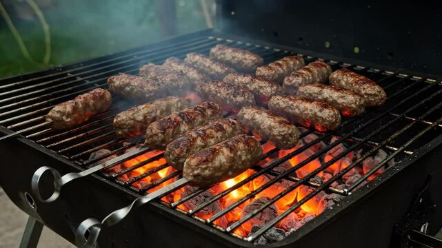 Grilling Delicious Ćevapi on a Charcoal Grill - Close-up shot of a hand using tongs to turn ćevapi (Balkan grilled sausages) on a hot charcoal grill.
