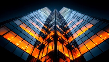 Modern skyscraper lit at night