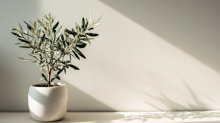 Olive Green Plant in White Pot Against a White Wall in Sunlight