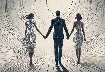 White black picture surrealism, graphics, man walking hand in hand with two women, rear view, feelings and relationships