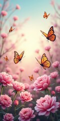 pink card, butterflies flutter over pink flowers