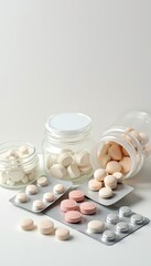 Pill jars and pills in blisters, medicines, diseases and treatment