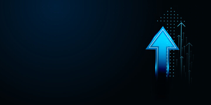A futuristic bright blue neon arrow with a soft glow, trending upwards against a dark backdrop, conveying high-energy market surges and bullish trends in vector illustration