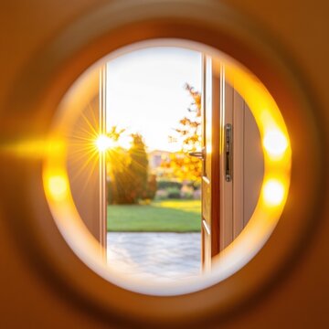 A bright sunlit garden is seen through a round window or peephole, surrounded by warm glowing light.