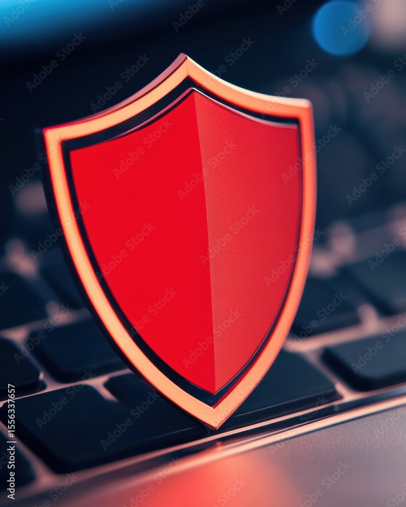 Poster a red shield icon symbolizing cybersecurity protection is placed on a computer keyboard in a digital