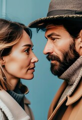 Stylish man and woman looking at each other, profile view, close-up faces, feelings and relationships