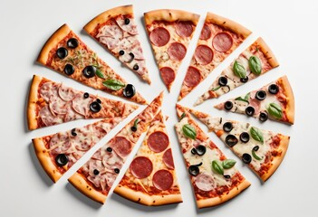 Many pieces of pizza with different toppings are laid out in a circle, advertising a pizzeria