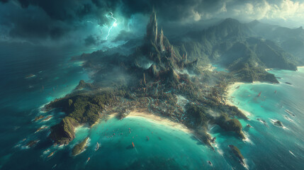 Epic aerial view of a fantasy city on a star-shaped island under a storm.