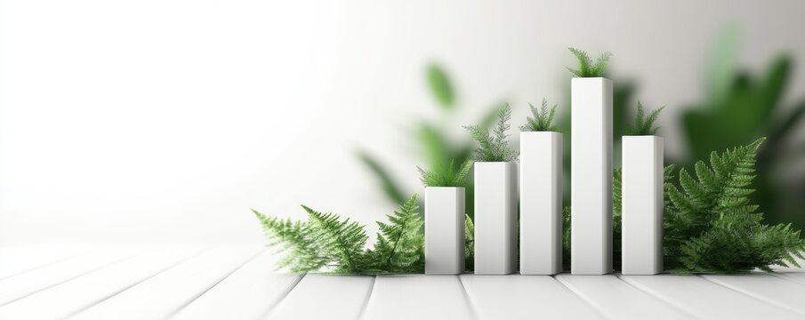 A white bar graph with green plants growing from each bar, symbolizing growth and sustainability in a clean, minimalistic setting.