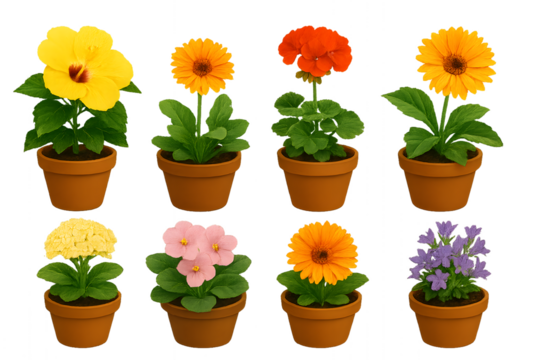A set of realistic potted flowers on a transparent background