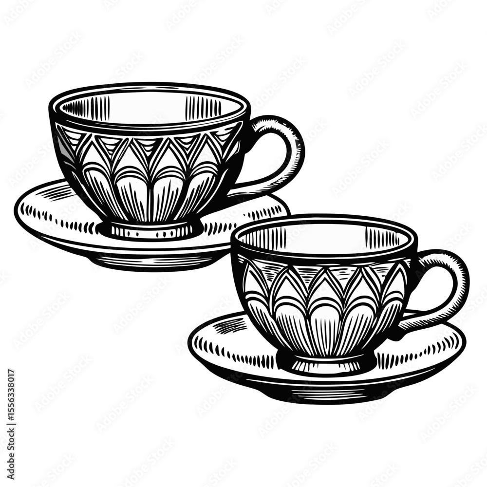 Poster elegant teacups and saucers set in hand-drawn engraving style. pair of vintage teacups with intricat