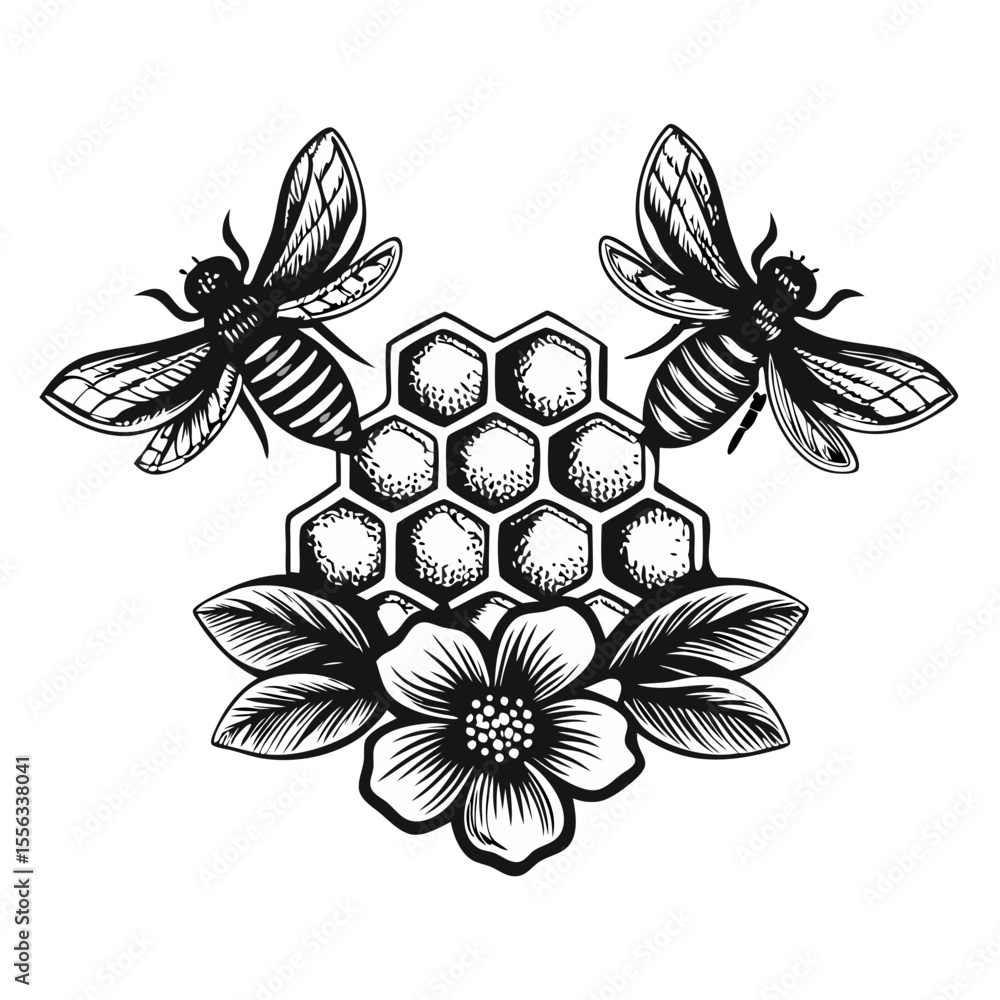 Poster honeycomb pattern with bees and flower. elegant hand-drawn design featuring two honeybees around hon