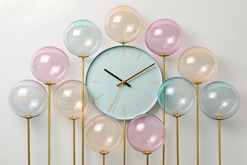 Pastel Wall Clock with Translucent Sphere Decorations on Gold Stems