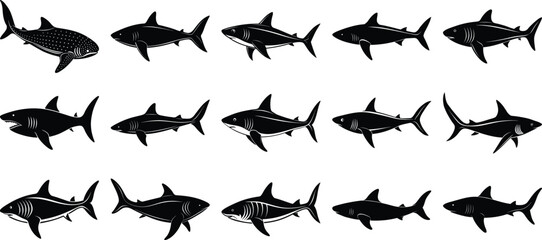 Shark Silhouette Vector Set, on white background.