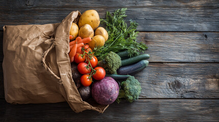 A  Brown Paper Bag Filled with Assorted vegetables on Wooden Background