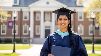 radiant Indian female graduate student in cap and gown with certificate on campus