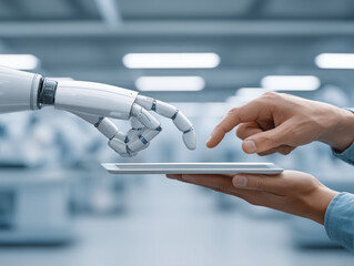 Robot hand human hand digital tablet technology innovation artificial intelligence collaboration futuristic connection workplace. robot hand