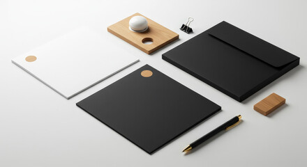 Elegant Stationery Mockup Featuring Black and White Elements with Pen on Bright Background Ideal for Branding Presentations and Office Designs